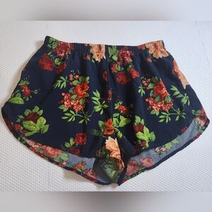 Ambiance Apparel Navy Floral Shorts with Red & Green Blooms